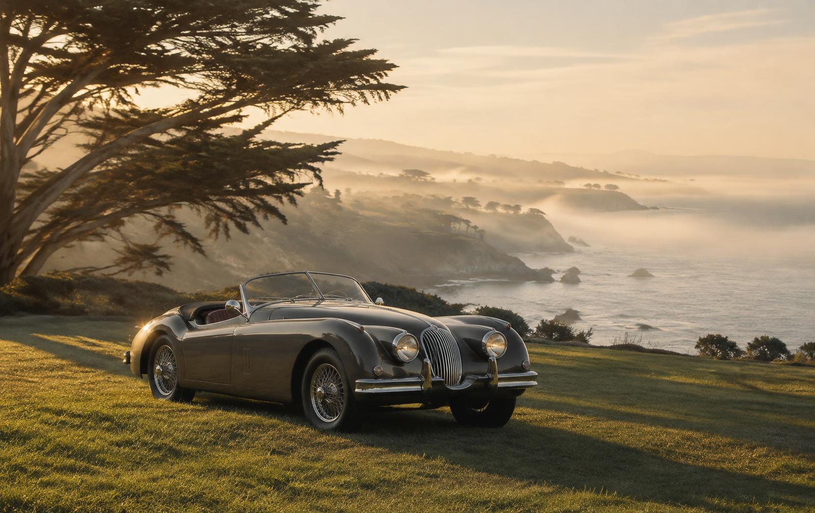 A classic roadster on a coastal lawn above the Pacific at dawn